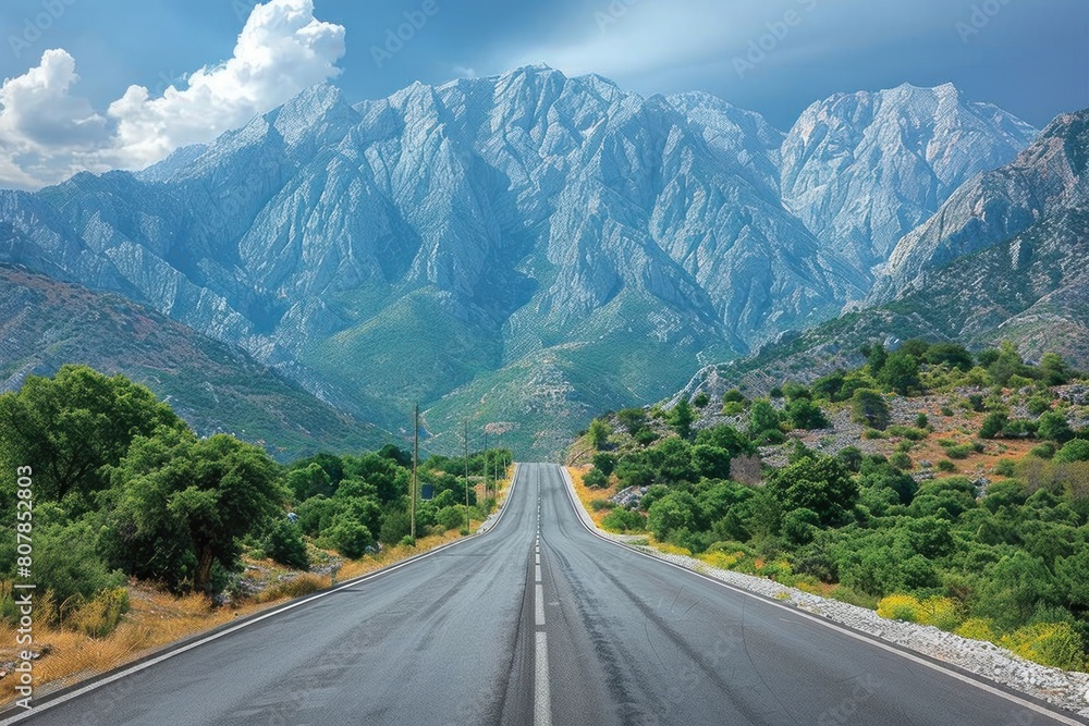 Fototapeta premium Scene of a road stretching into the distance, framed by towering mountains