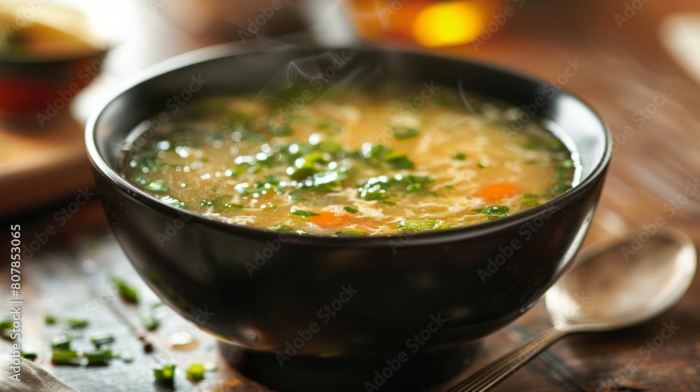 A steaming bowl of Egg Drop Soup sits on a rustic wooden table
