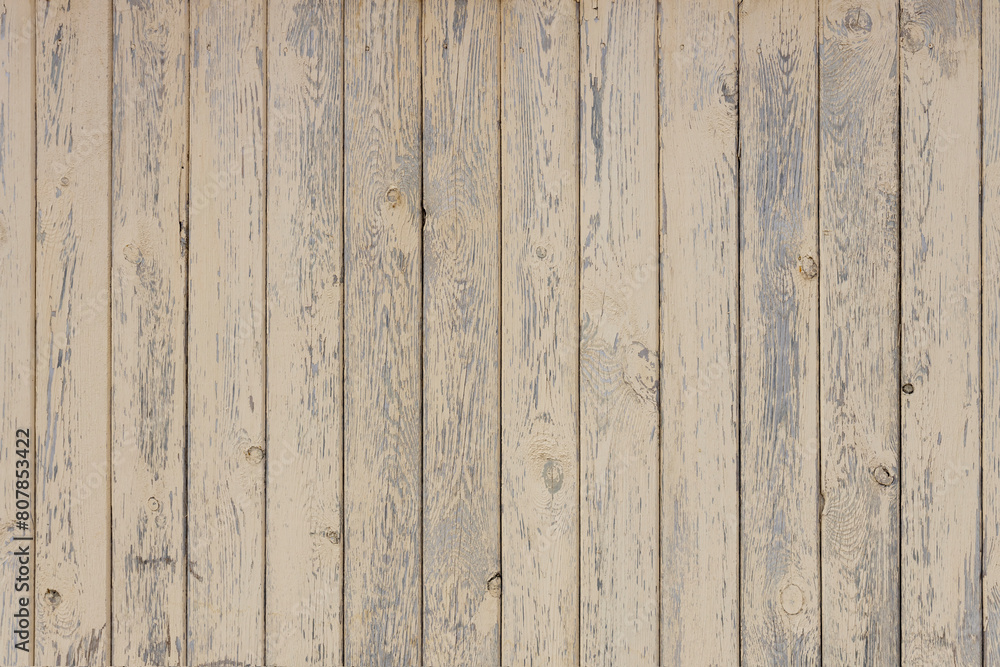 Fototapeta premium An old fence with peeling paint, a wall of light, wooden boards in the background of a rural house. pastel wood, wall background Thanks to the use of wash, Creates a feeling of antiquity and beauty