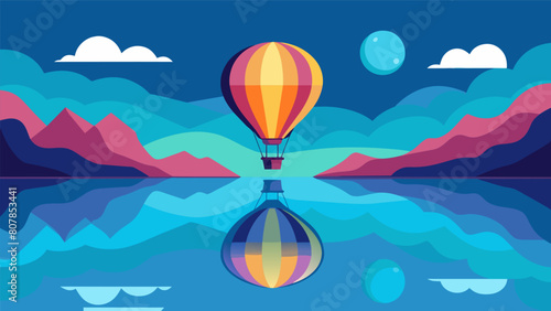 A colorful hot air balloon floats above the lake its reflection shimmering in the water as the person inside reflects on their past and envisions.