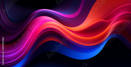  Colorful abstract background with flowing shapes on a dark gradient background, waves, and curves in red, blue, purple, and orange.