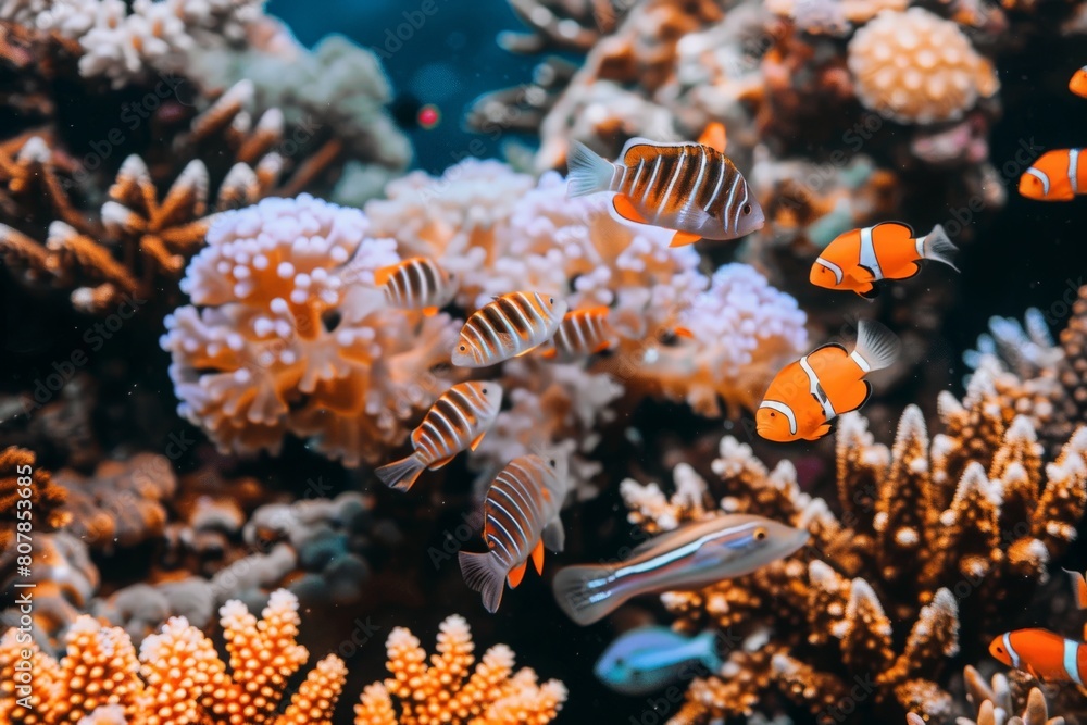 Group of playful clown fish swim among colorful coral reef, creating a lively and mesmerizing scene in the underwater world.