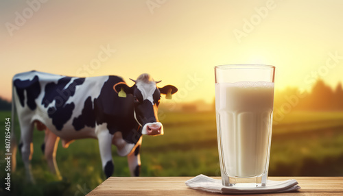 A glass of fresh milk on the background of a field and a cow on an eco farm