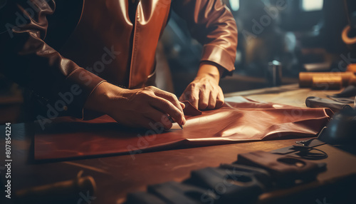 Master tanner sews a product from genuine leather photo
