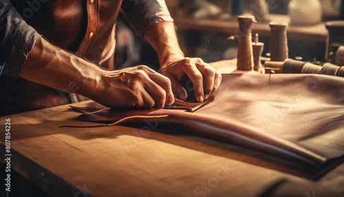 Master tanner sews a product from genuine leather photo