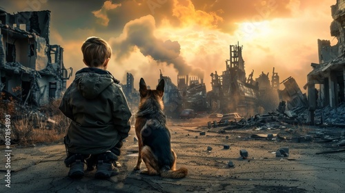 Back view of child and dog look at destroyed city after the war photo