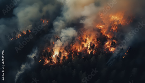 Burning forest drone view disaster