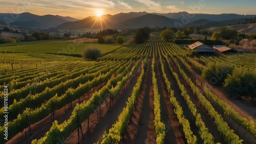 Rows of grape vines stretch to the horizon, with mountains in the distance. AI. photo