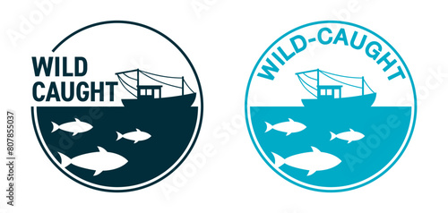 Wild-caught flat circle label - with fishing vessel