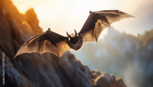 Bat flying at sunset over rocks photo