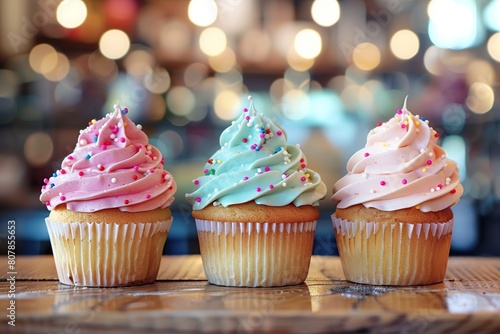 Tasty cupcakes with butter cream and sprinkles on blurred cafe background