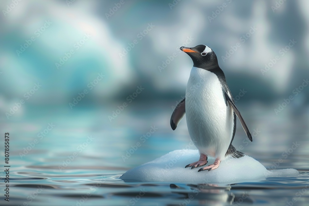 Naklejka premium Penguin on a floe drifting through ocean