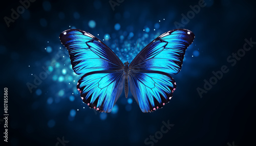 Blue butterfly glowing shining on black background