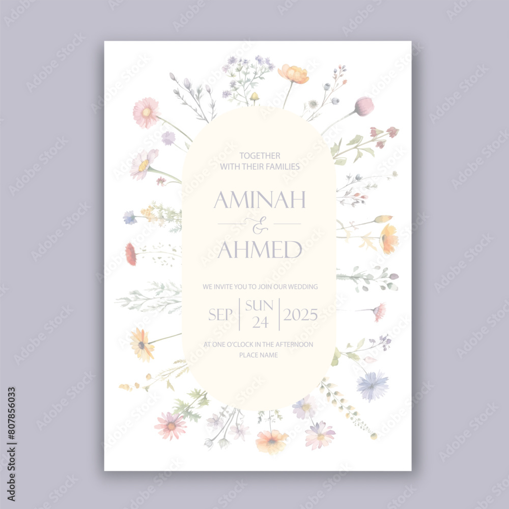 Beautiful wild herbs and flowers arch frame background for wedding invitation.