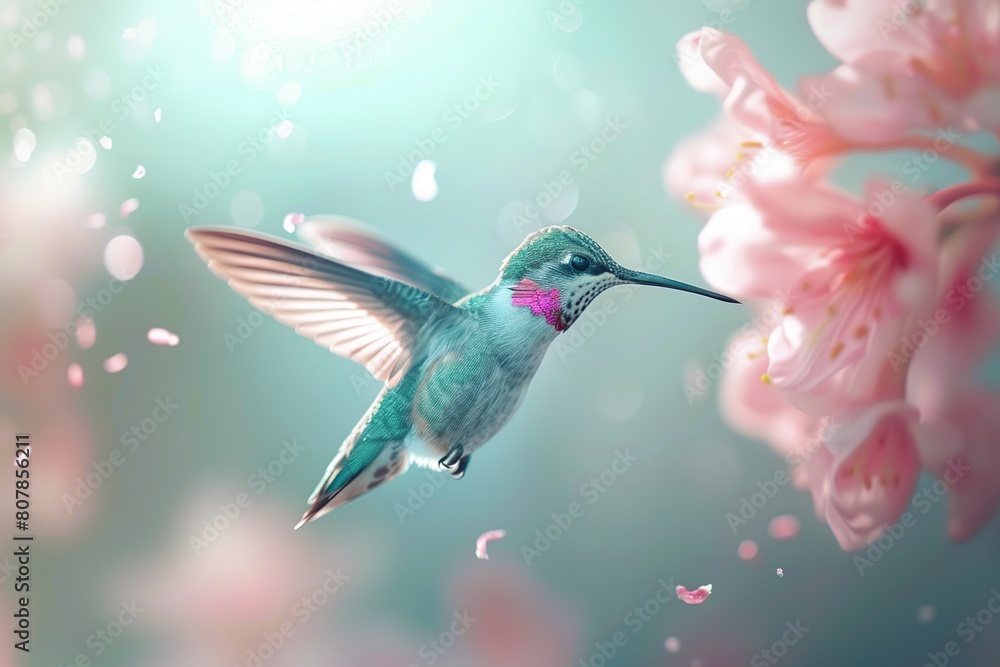 Hummingbird hanging in the air near the flower on blurred background
