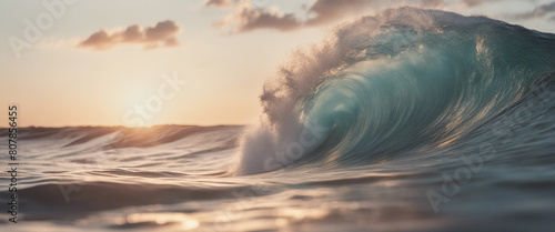 big ocean wave at sunset, isolated white background 