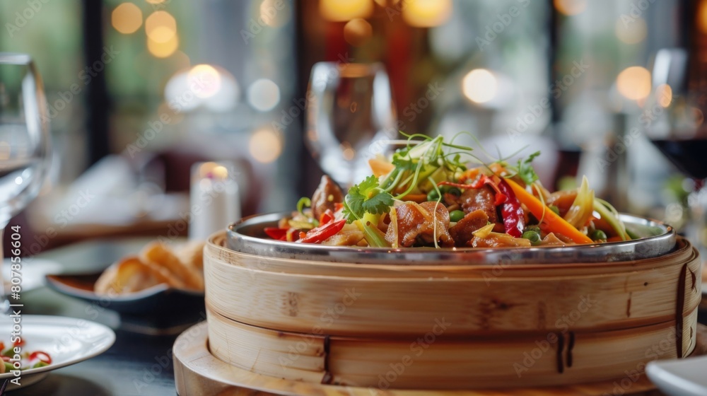 A bowl of Peking shredded pork, topped with colorful veggies, rests on a wooden table