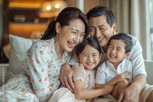 people and family concept - happy smiling girl with mother hugging on sofa at home. Beautiful simple AI generated image in 4K, unique.