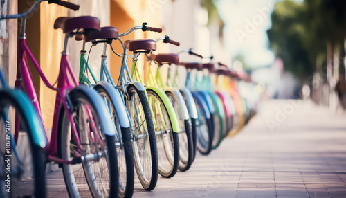 Lots of colorful bikes in the parking lot in the summer photo