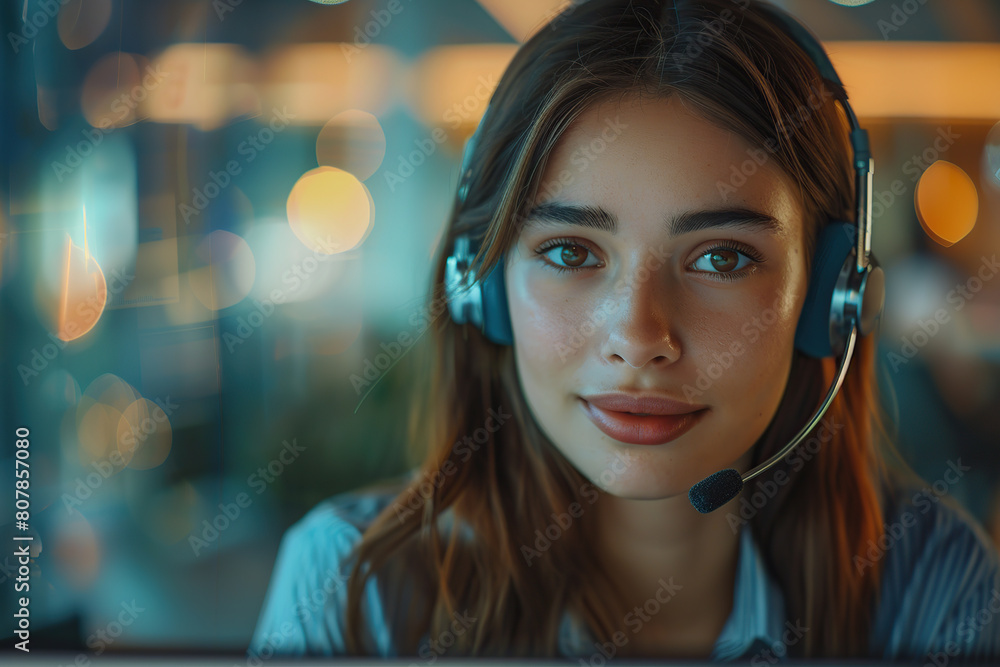 Young woman receptionist with headset working in a call centre Young woman receptionist with headset working in a call centre