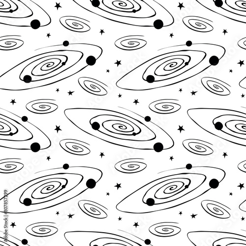 Vector seamless pattern with Galaxy, Black hole, solar system in flat style. Universe, outer space. Print on theme of astronomy, cosmos