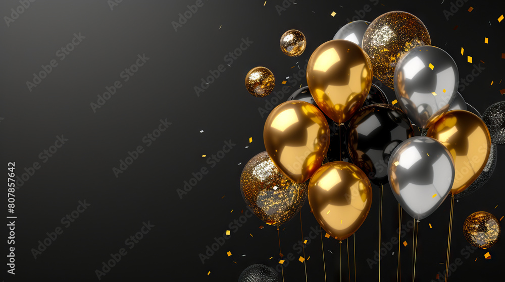 Gold and silver balloons on a black background. Gold and silver balloons on a black background.