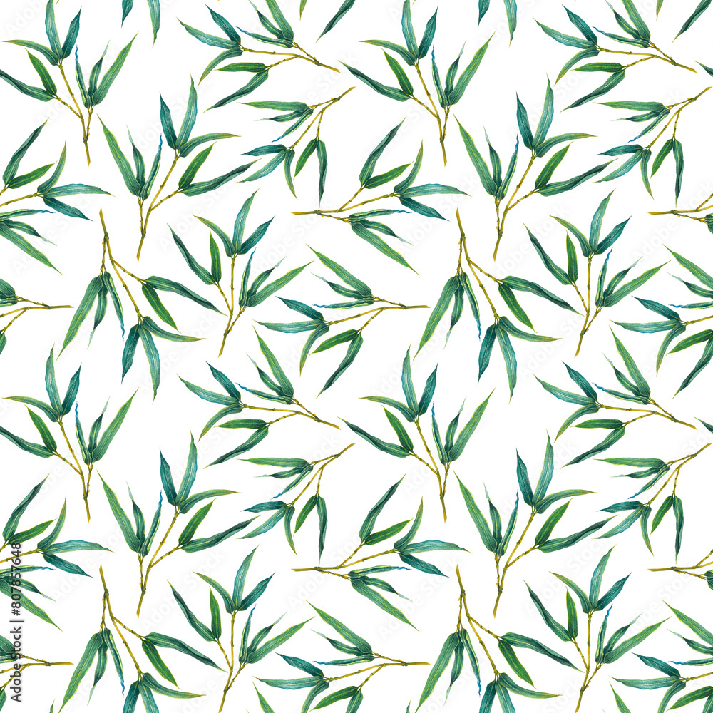 Naklejka premium Seamless pattern with green bamboo branches. Hand drawn illustration of green leaves on white isolated background. Design for cards, wrapping paper, wallpaper, textile, fabric, print, cover, banner.