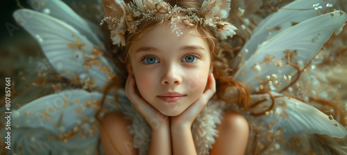Beautiful little young fairy girl, gold trimmed wings, dreamy magical atmosphere. Enchanting, mystical poster, wallpaper, background, gift card, etc.
