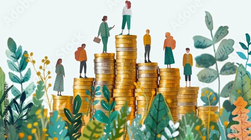 Vector image written by illustration showing money and financial concept prople and coins on daily life, success