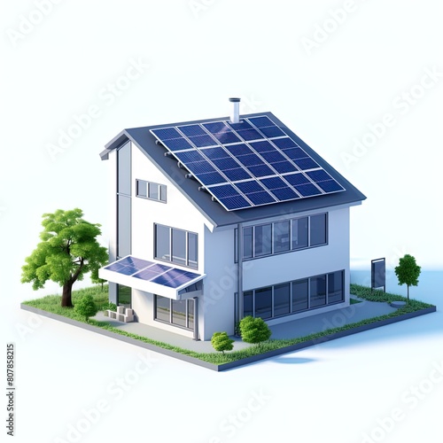 house with solar panels on an isolated white background, 3D rendered model © MaverickMedia