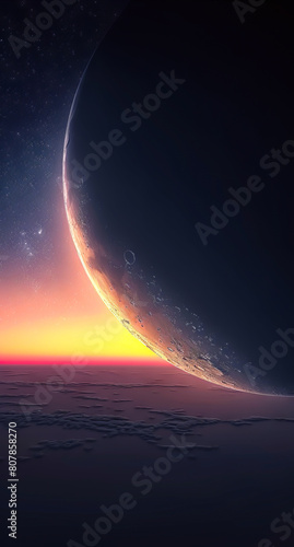 A planet is seen in the distance with a star in the sky.