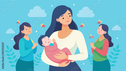 A new mom gently stretching while holding her baby against her chest with other mothers and babies in the background in their own variations of the. Vector illustration