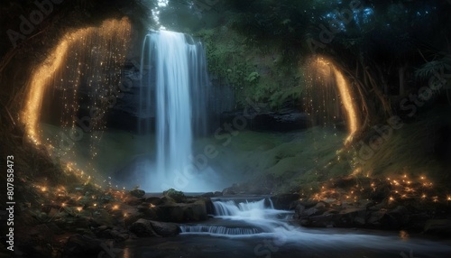 A magical waterfall enchanted by faerie lights