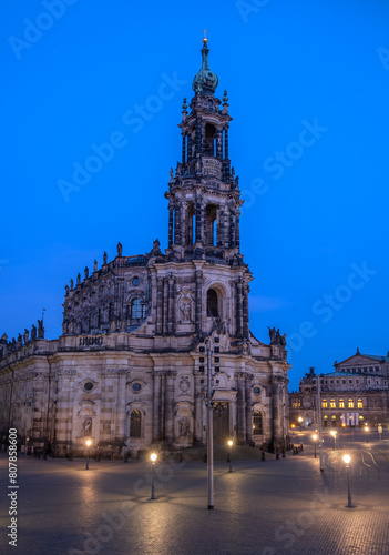 Kathedrale Sanctissimae Trinitatis,Dresden Germany.Night landscape and view of the cathedral in the old town of Dresden