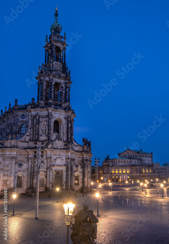 Kathedrale Sanctissimae Trinitatis Dresden Germany.Night landscape and view of the cathedral in the old town of Dresden