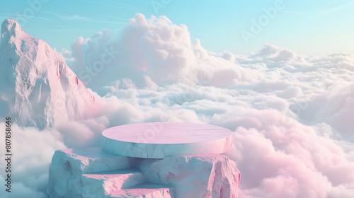 Beautiful natural backdrop for product display with blue sky and pastel clouds background. Summer paradise dreamy concept. Romantic 3d scene.