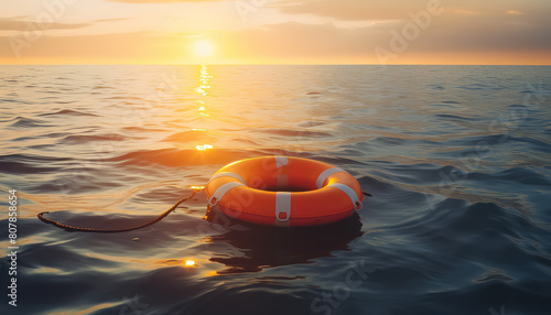 Lifebuoy in the sea at sunset without people