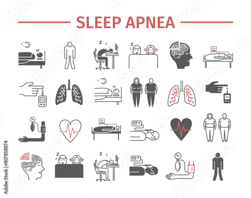 Sleep Apnea. Symptoms, Treatment. Line icons set. Vector signs for web graphics.