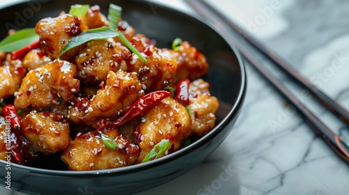 A vibrant bowl of Chinese Szechuan chicken with chopsticks on a wooden table