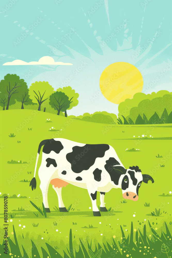 Bright and vibrant illustration depicting a happy cow grazing in a sunlit field, ideal for dairy or milk branding