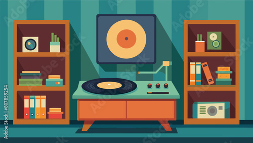 A vintage turntable rests on a nearby shelf used for playing old records and adding unique effects to the music. Vector illustration