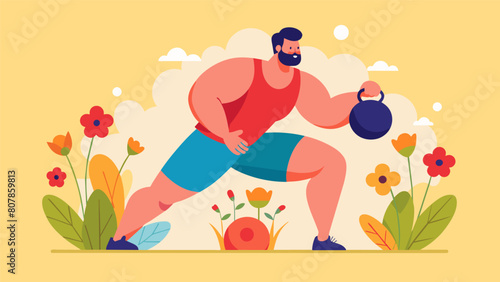 A weightlifter performing a perfect squat with a kettlebell in hand surrounded by colorful wildflowers in full bloom.. Vector illustration