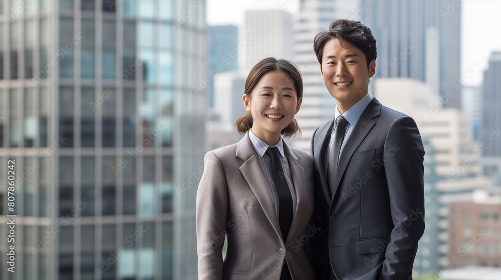 A smiling korean male and female office worker in their thirties wearing suits standing side by side facing the camera, with modern high-rise buildings outside the windows. generative AI A smiling korean male and female office worker in their thirties wearing suits standing side by side facing the camera, with modern high-rise buildings outside the windows. generative AI