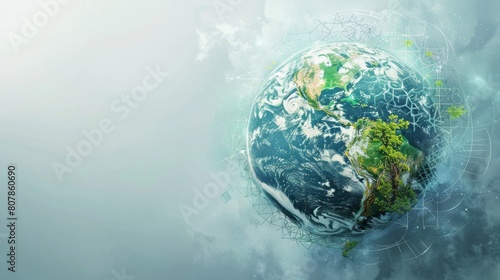 The image shows the Earth in a puff of smoke. The continents are green and blue, and the oceans are white. The Earth is surrounded by a white background.