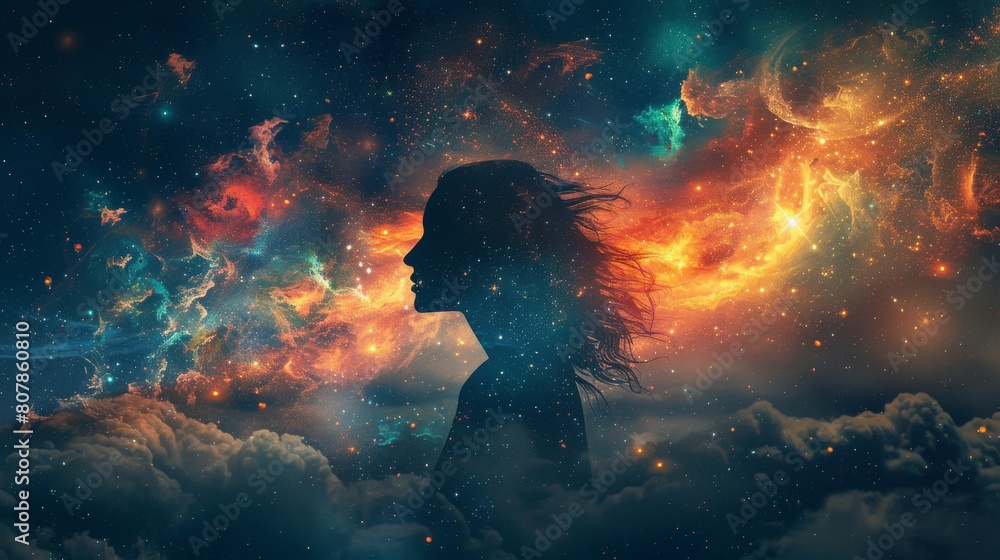 The photo shows a woman standing in front of the starry night sky, with clouds and stars in the background. The photo shows a woman standing in front of the starry night sky, with clouds and stars in the background.