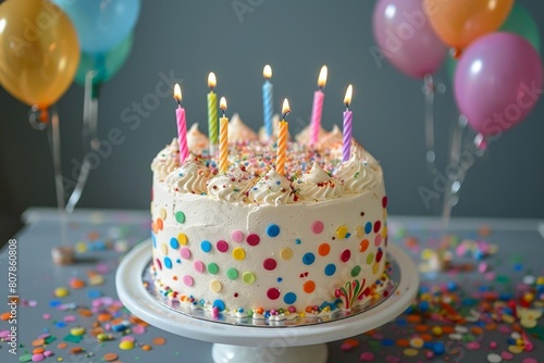 A birthday cake covered in colorful confetti  with balloons in the background  all ready for a celebration