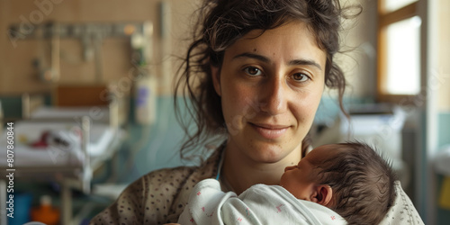 Junge Mutter hält ihr Neugeborenes auf der Entbindungstation photo