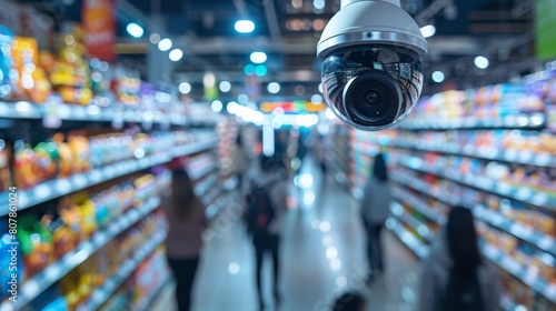 camera in grocery store, monitoring customers and staff for security purposes