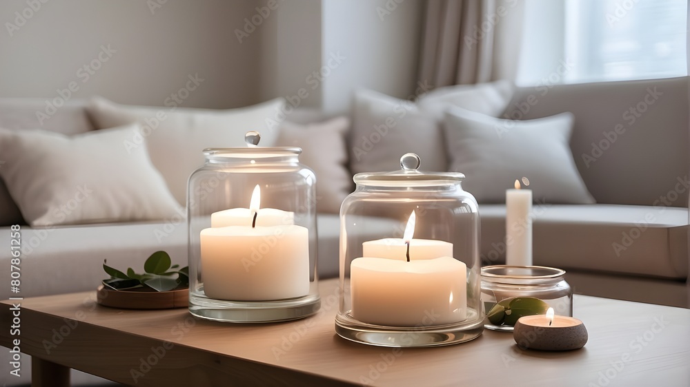 A sense of cozy elegance permeates the brightly lit room, where a clear glass candle jar mockup emits a gentle and inviting glow. The burning container candle adds warmth and charm to the space, creat A sense of cozy elegance permeates the brightly lit room, where a clear glass candle jar mockup emits a gentle and inviting glow. The burning container candle adds warmth and charm to the space, creat