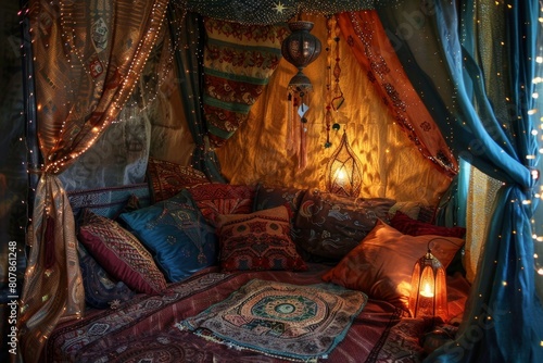 Brightly colored bed with a canopy and pillows and lights. Mystical background 